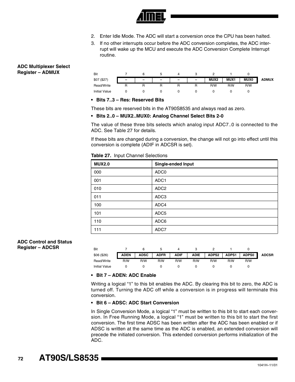 Adc multiplexer select register – admux, Adc control and status register – adcsr | Rainbow Electronics AT90LS8535 User Manual | Page 72 / 127