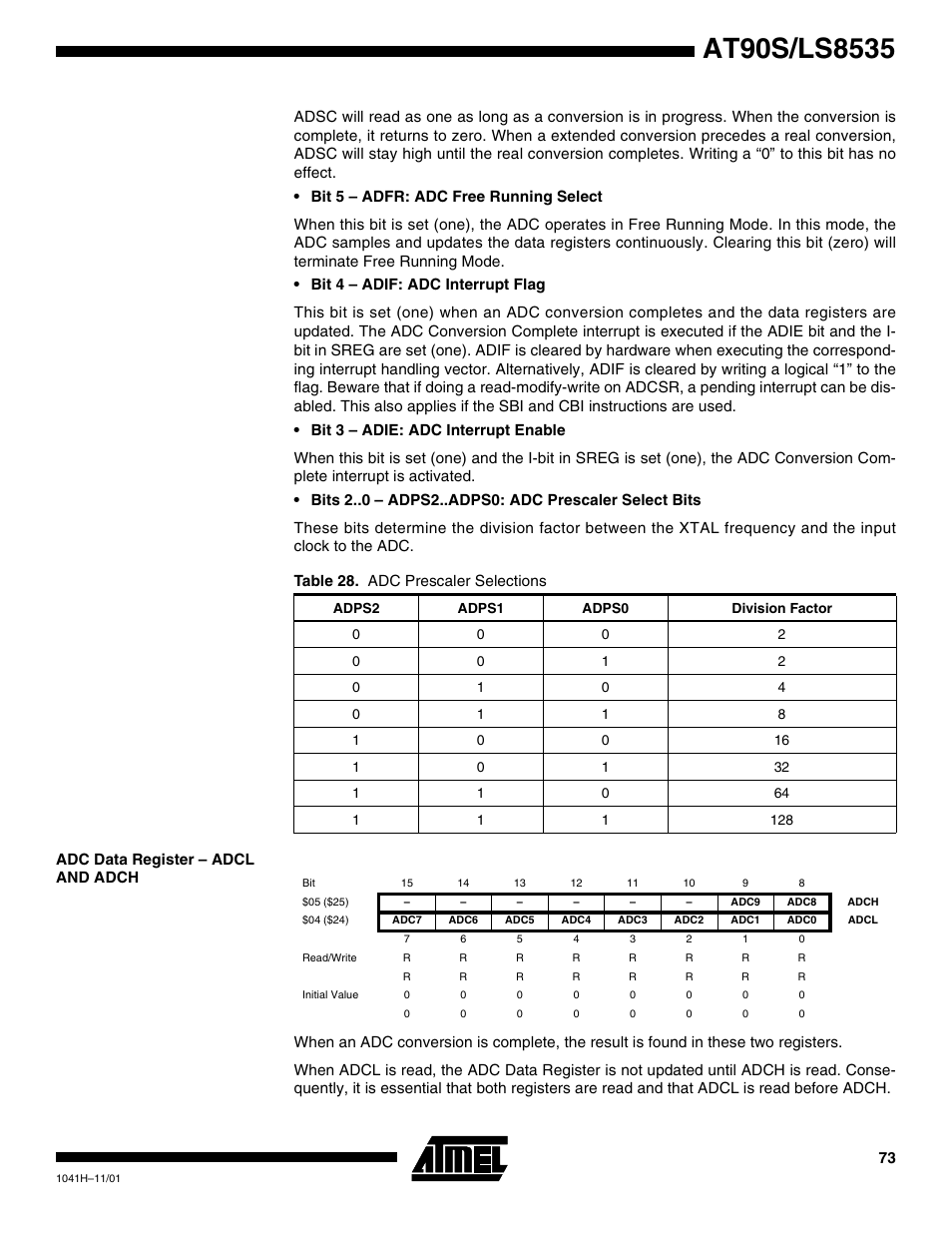 Adc data register – adcl and adch | Rainbow Electronics AT90LS8535 User Manual | Page 73 / 127