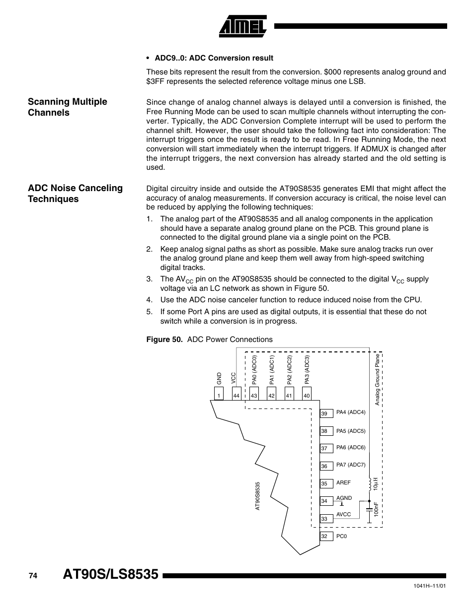 Scanning multiple channels, Adc noise canceling techniques | Rainbow Electronics AT90LS8535 User Manual | Page 74 / 127