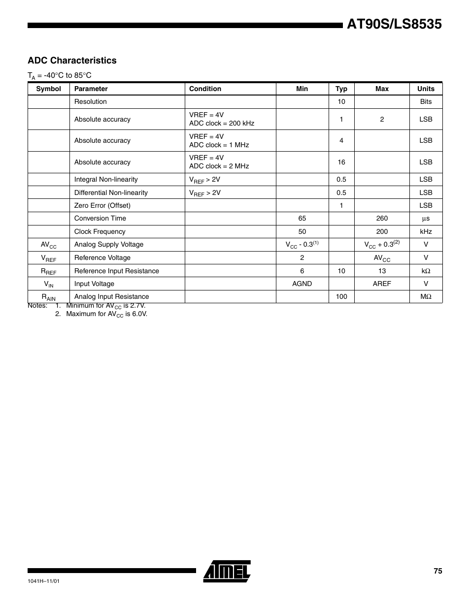 Adc characteristics | Rainbow Electronics AT90LS8535 User Manual | Page 75 / 127