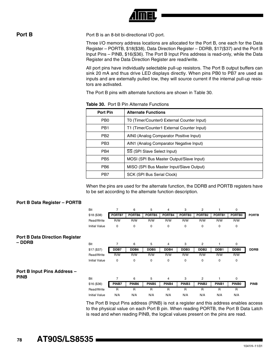 Port b, Port b data register – portb, Port b data direction register – ddrb | Port b input pins address – pinb | Rainbow Electronics AT90LS8535 User Manual | Page 78 / 127