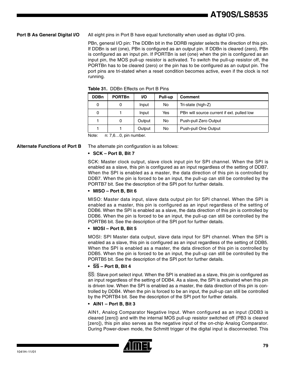 Port b as general digital i/o, Alternate functions of port b | Rainbow Electronics AT90LS8535 User Manual | Page 79 / 127