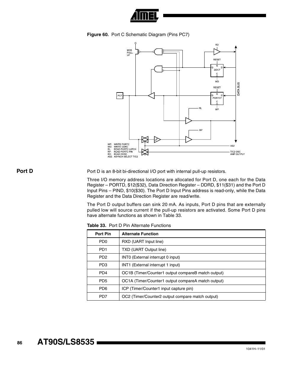 Port d | Rainbow Electronics AT90LS8535 User Manual | Page 86 / 127