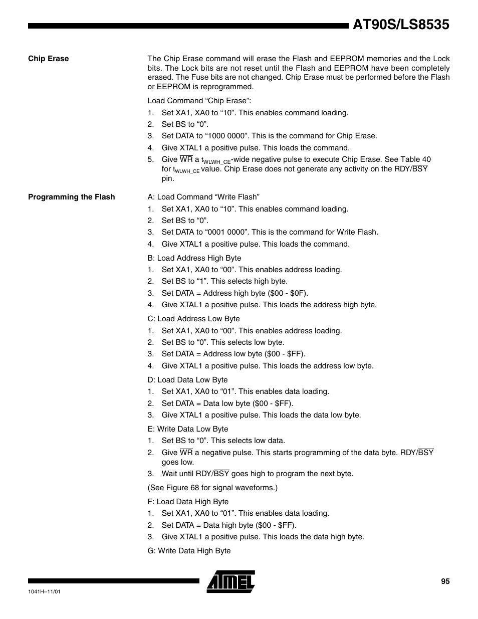 Chip erase, Programming the flash | Rainbow Electronics AT90LS8535 User Manual | Page 95 / 127