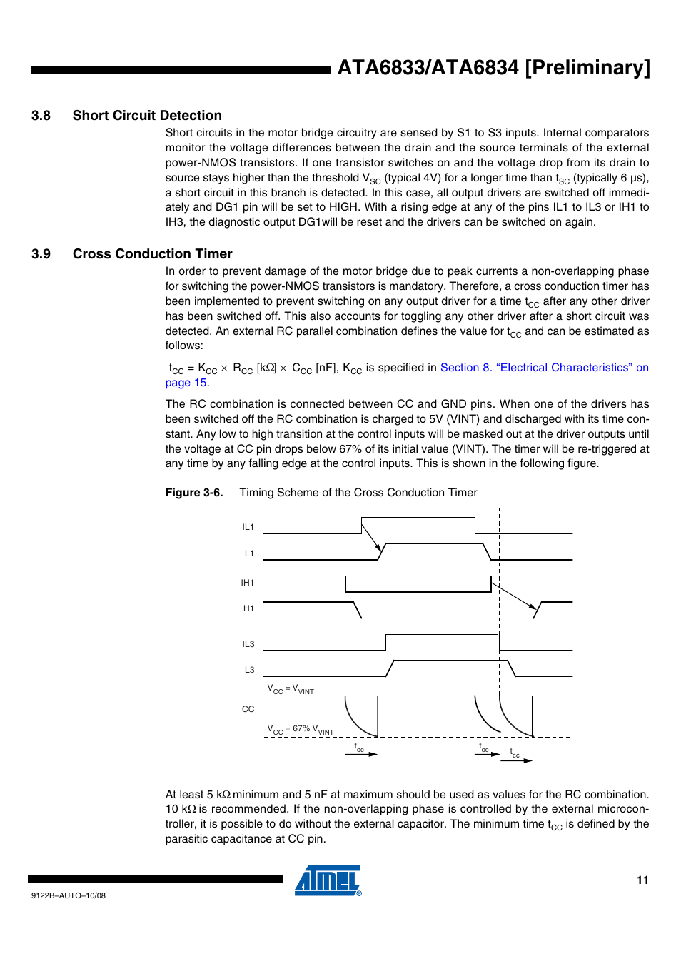 8 short circuit detection, 9 cross conduction timer, Section | Rainbow Electronics ATA6834 User Manual | Page 11 / 25