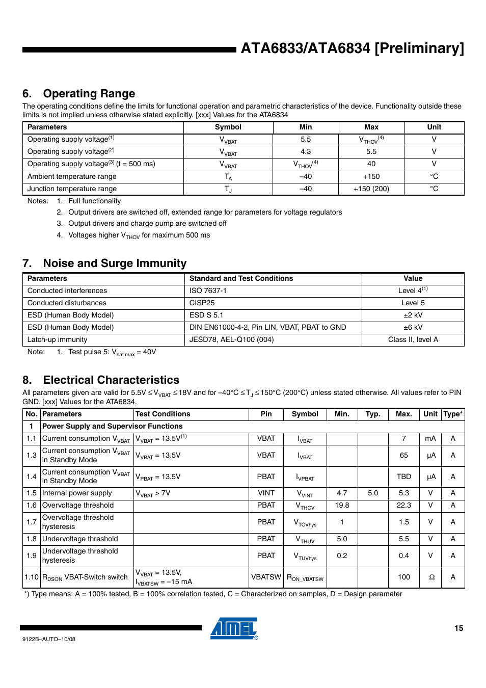 Operating range, Noise and surge immunity, Electrical characteristics | Ied in, Section 8. “electrical characteristics” on | Rainbow Electronics ATA6834 User Manual | Page 15 / 25