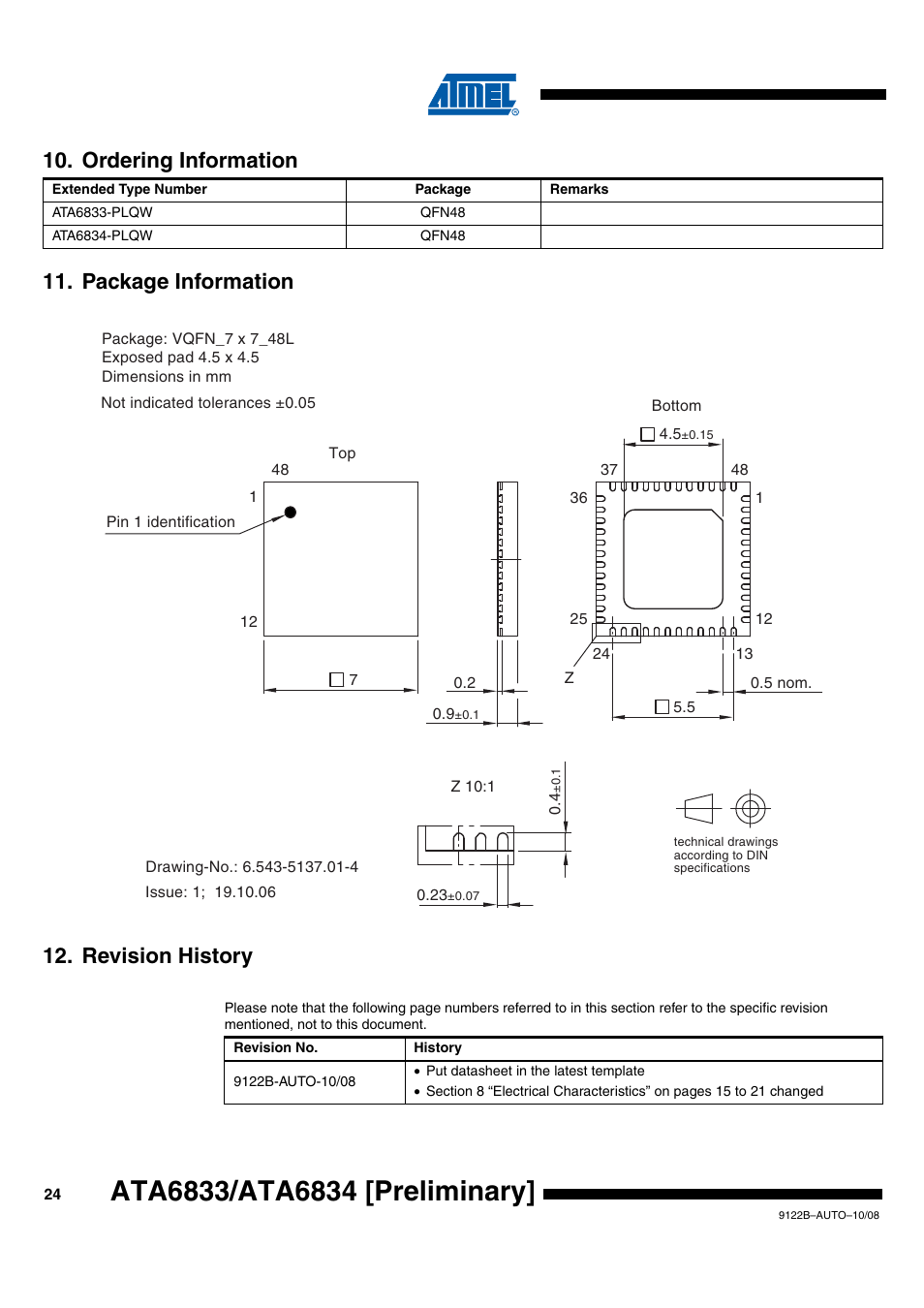 Ordering information, Package information, Revision history | Rainbow Electronics ATA6834 User Manual | Page 24 / 25