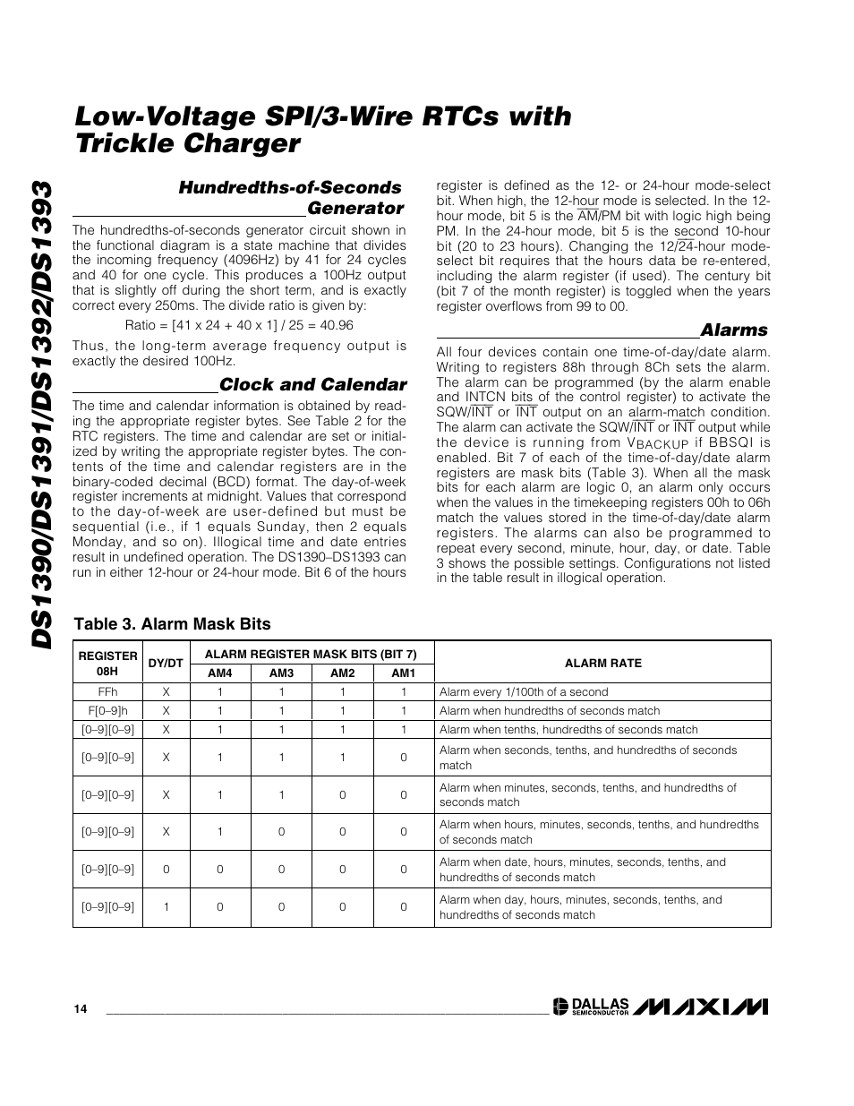 Low-voltage spi/3-wire rtcs with trickle charger, Hundredths-of-seconds generator, Clock and calendar | Alarms, Table 3. alarm mask bits | Rainbow Electronics DS1393 User Manual | Page 14 / 24