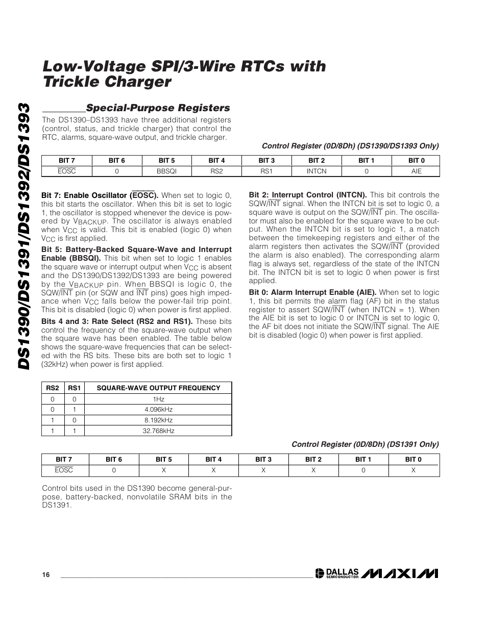 Low-voltage spi/3-wire rtcs with trickle charger, Special-purpose registers | Rainbow Electronics DS1393 User Manual | Page 16 / 24