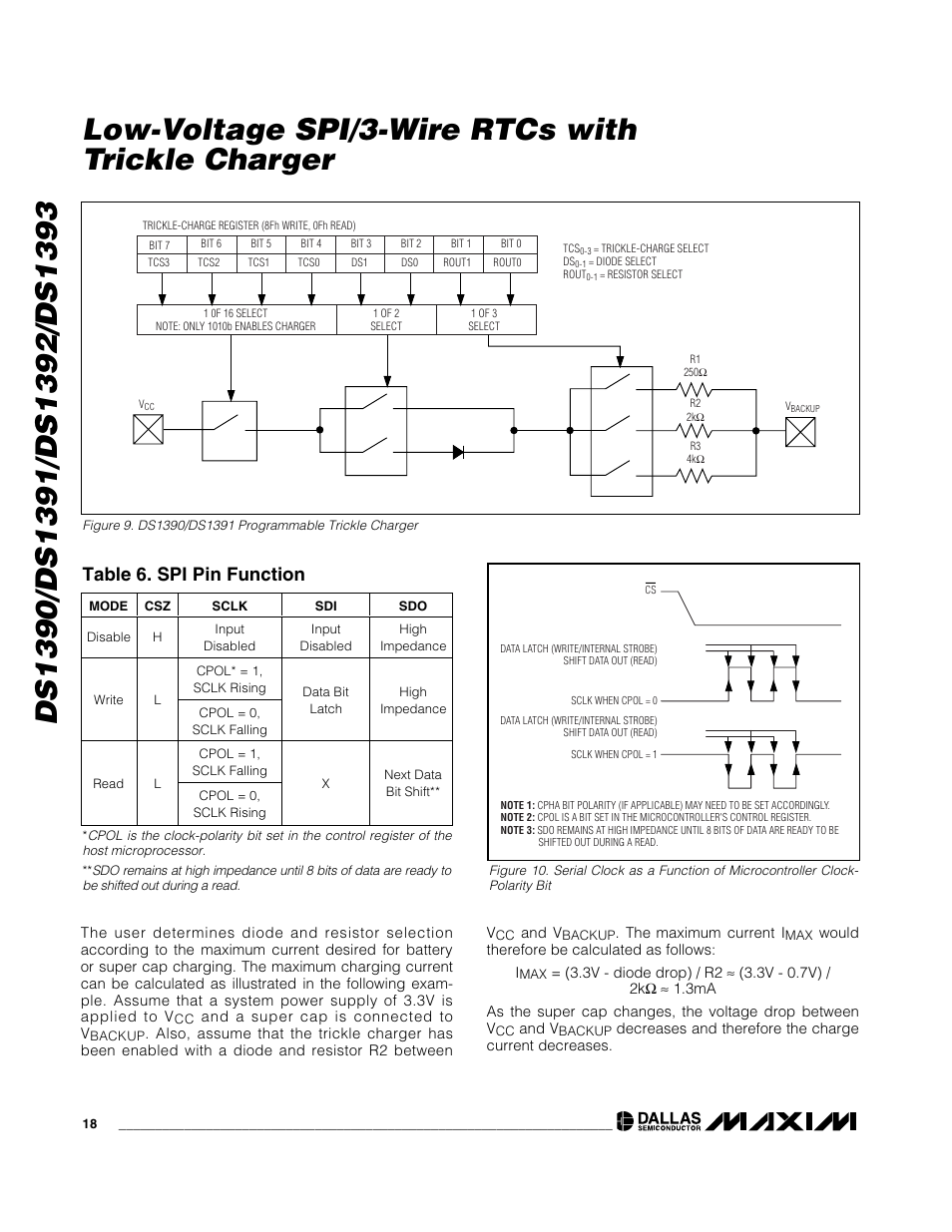 Low-voltage spi/3-wire rtcs with trickle charger, Table 6. spi pin function | Rainbow Electronics DS1393 User Manual | Page 18 / 24