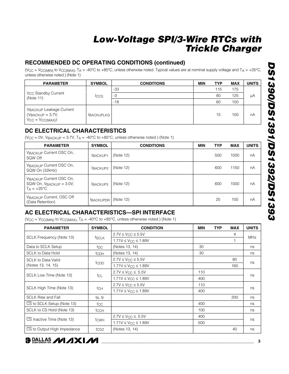 Recommended dc operating conditions (continued), Dc electrical characteristics, Ac electrical characteristics—spi interface | Rainbow Electronics DS1393 User Manual | Page 3 / 24