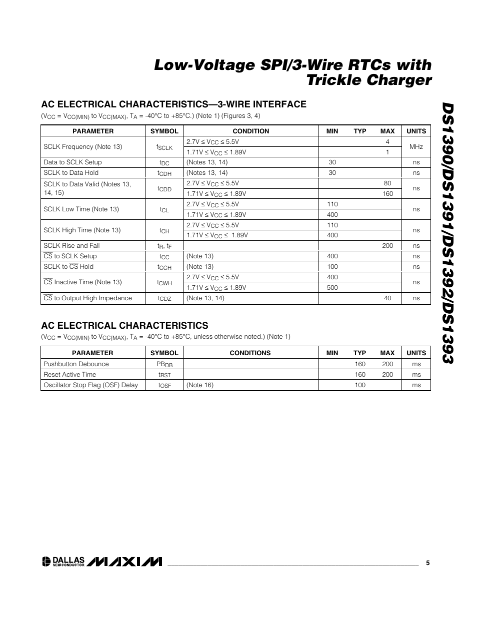 Ac electrical characteristics—3-wire interface, Ac electrical characteristics | Rainbow Electronics DS1393 User Manual | Page 5 / 24