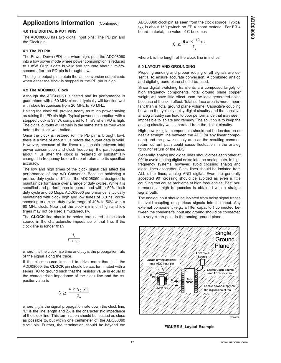 0 the digital input pins, 1 the pd pin, 2 the adc08060 clock | 0 layout and grounding, Figure 5. layout example, Applications information | Rainbow Electronics ADC08060 User Manual | Page 17 / 19