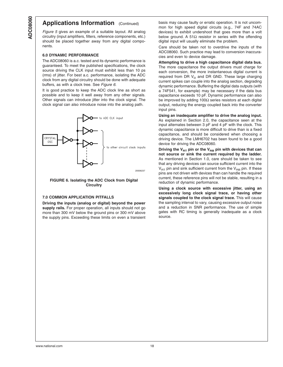 0 dynamic performance, 0 common application pitfalls, Applications information | Rainbow Electronics ADC08060 User Manual | Page 18 / 19