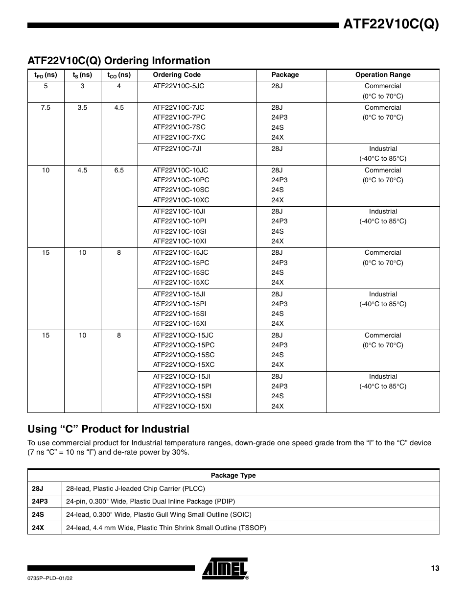 Using “c” product for industrial, Atf22v10c(q), Atf22v10c(q) ordering information | Rainbow Electronics ATF22V10CQ User Manual | Page 13 / 18