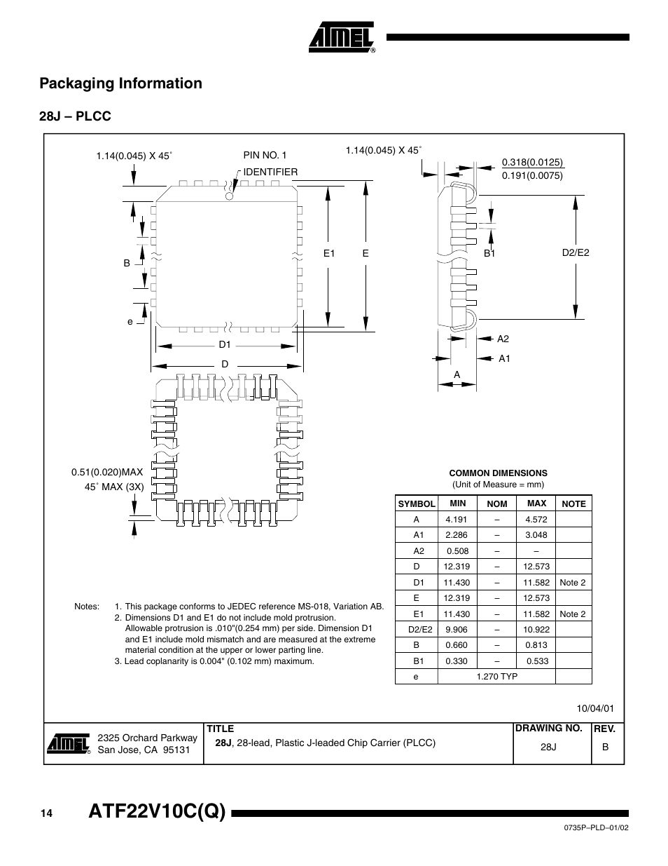 Packaging information, 28j – plcc, Atf22v10c(q) | Rainbow Electronics ATF22V10CQ User Manual | Page 14 / 18
