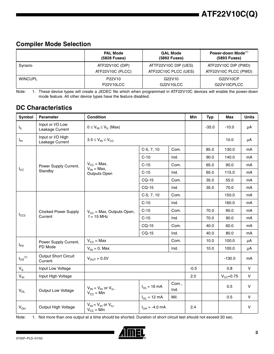 Atf22v10c(q), Compiler mode selection, Dc characteristics | Rainbow Electronics ATF22V10CQ User Manual | Page 3 / 18