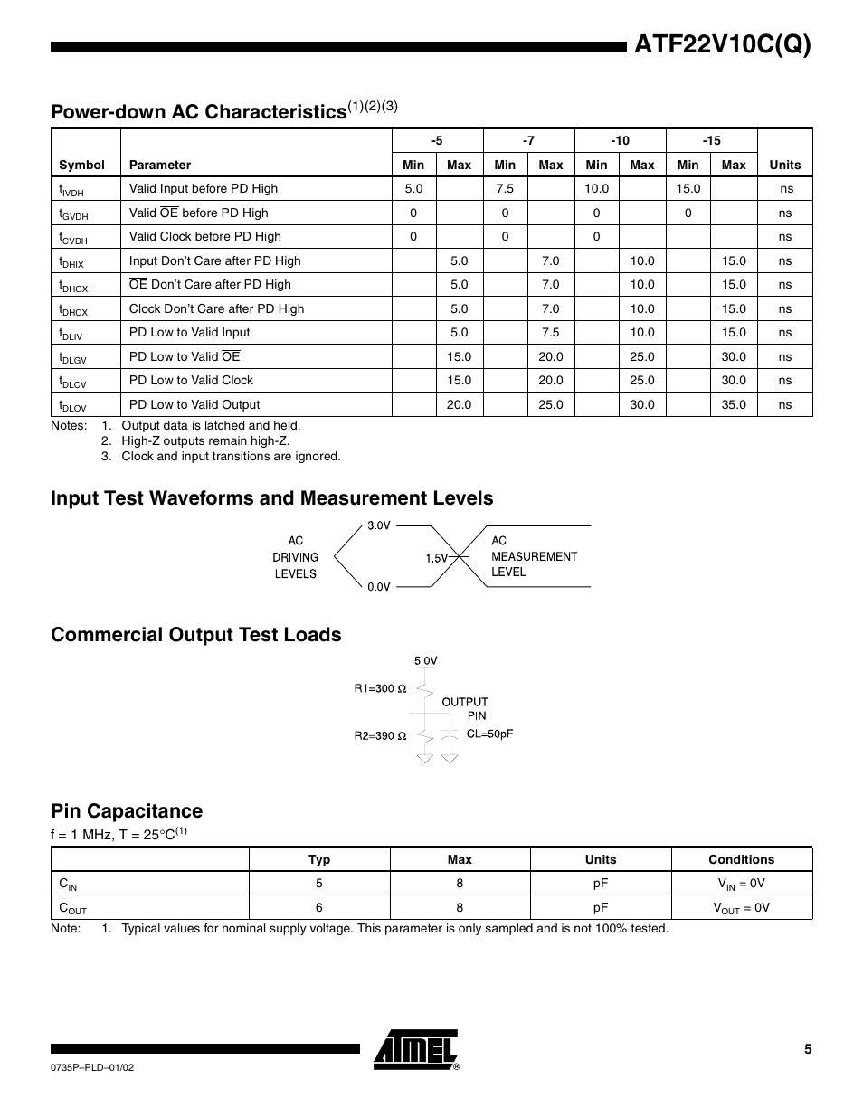 Power-down ac characteristics(1)(2)(3), Input test waveforms and measurement levels, Commercial output test loads | Atf22v10c(q), Power-down ac characteristi cs, Pin capacitance | Rainbow Electronics ATF22V10CQ User Manual | Page 5 / 18