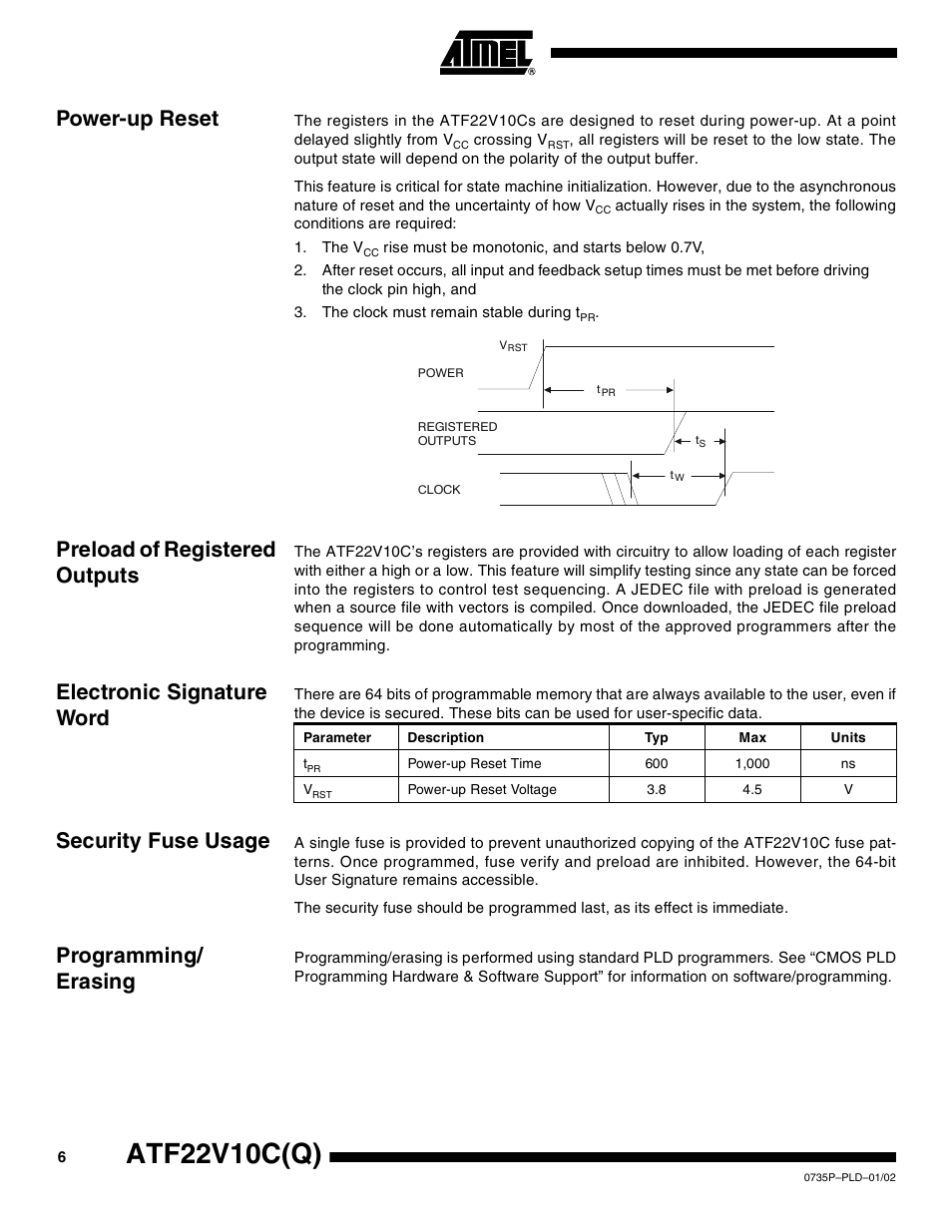 Power-up reset, Preload of registered outputs, Electronic signature word | Security fuse usage, Programming/ erasing, Atf22v10c(q) | Rainbow Electronics ATF22V10CQ User Manual | Page 6 / 18