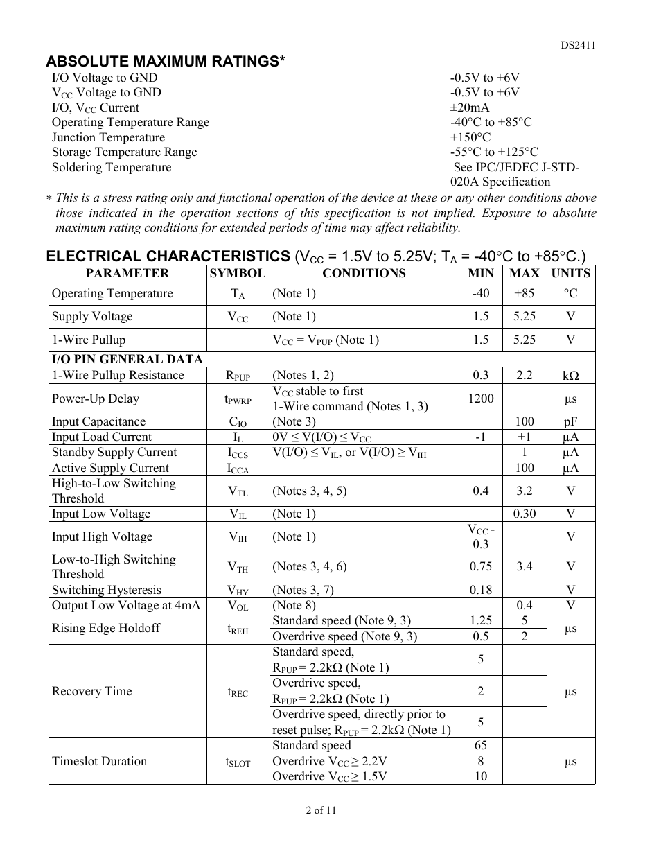 Absolute maximum ratings, Electrical characteristics (v, 5v to 5.25v; t | 40 °c to +85°c.) | Rainbow Electronics DS2411 User Manual | Page 2 / 11