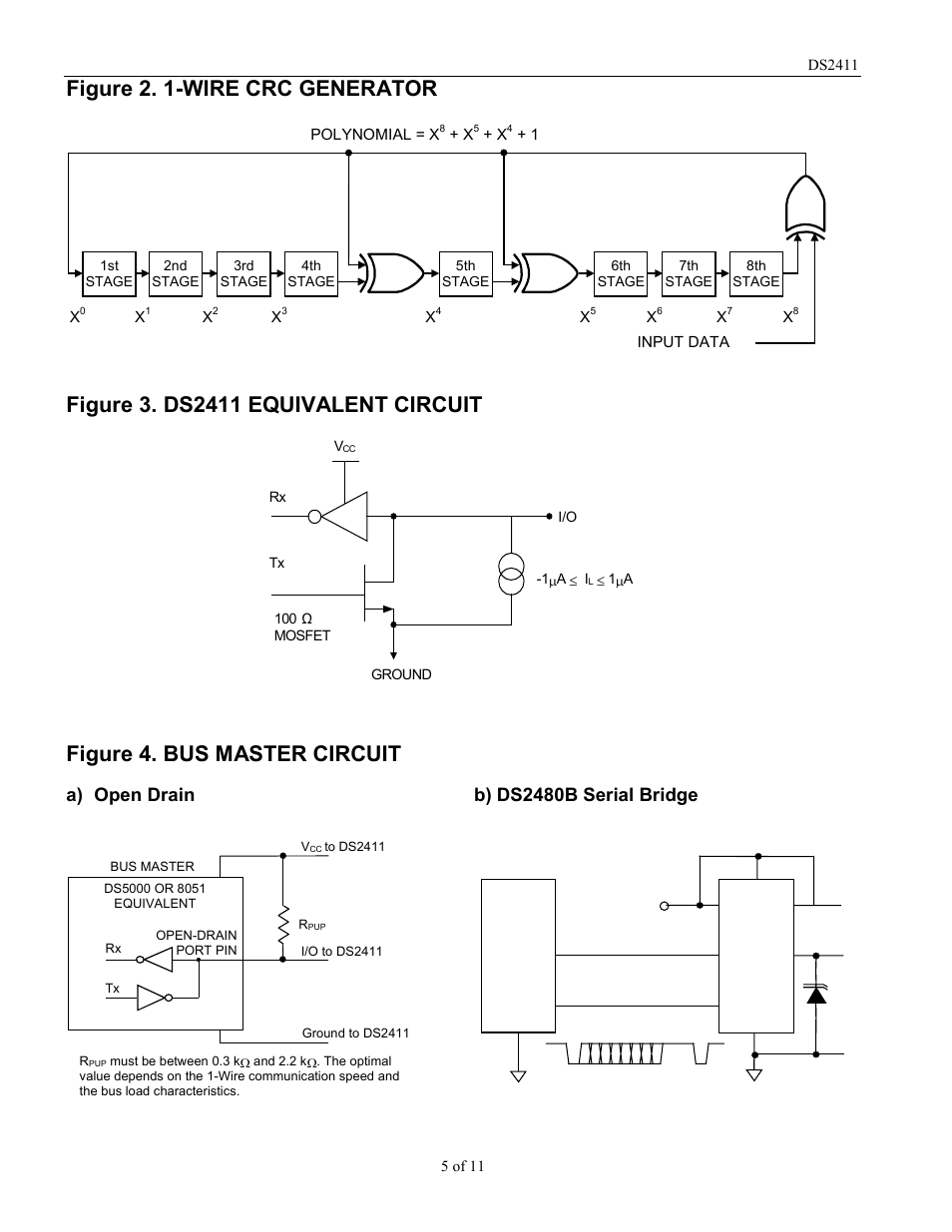 Figure 2. 1-wire crc generator, Figure 4. bus master circuit, A) open drain b) ds2480b serial bridge | Rainbow Electronics DS2411 User Manual | Page 5 / 11