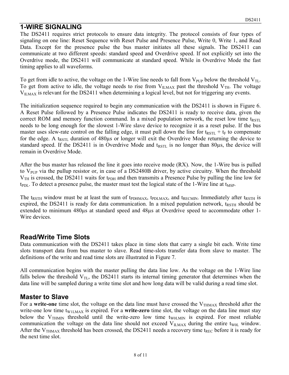 Wire signaling, Read/write time slots, Master to slave | Rainbow Electronics DS2411 User Manual | Page 8 / 11