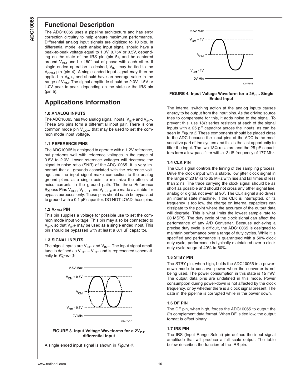 Functional description, Applications information, 0 analog inputs | 1 reference pins, 2 vcom pin, 3 signal inputs, 4 clk pin, 5 stby pin, 6 df pin, 7 irs pin | Rainbow Electronics ADC10065 User Manual | Page 16 / 19