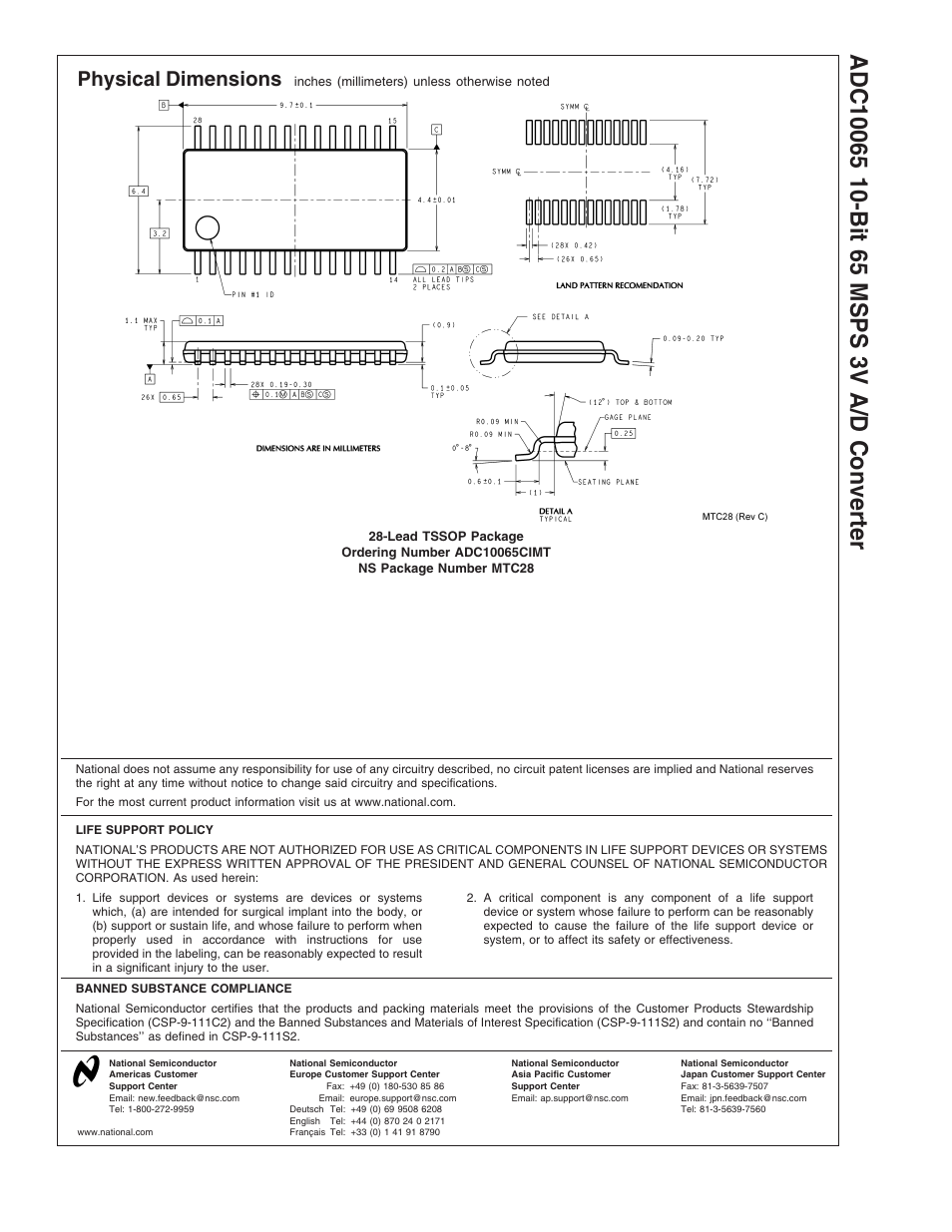 Physical dimensions | Rainbow Electronics ADC10065 User Manual | Page 19 / 19