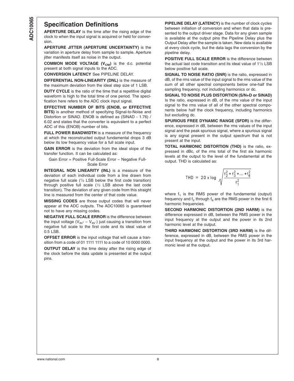 Specification definitions | Rainbow Electronics ADC10065 User Manual | Page 8 / 19