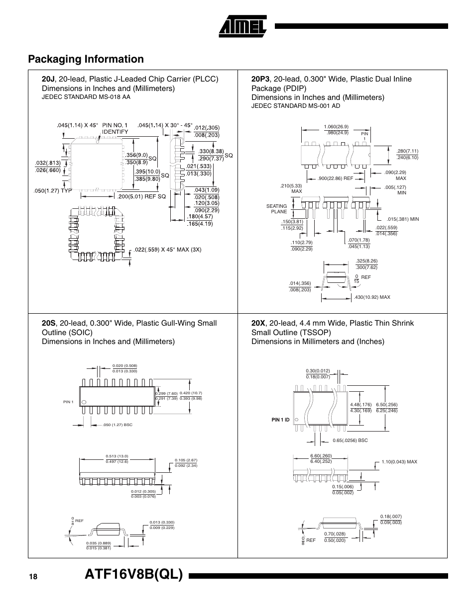 Atf16v8b(ql), Packaging information | Rainbow Electronics ATF16V8BQL User Manual | Page 18 / 19