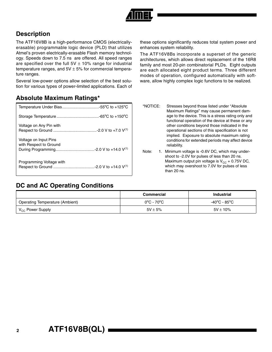 Description, Absolute maximum ratings, Dc and ac operating conditions | Atf16v8b(ql) | Rainbow Electronics ATF16V8BQL User Manual | Page 2 / 19