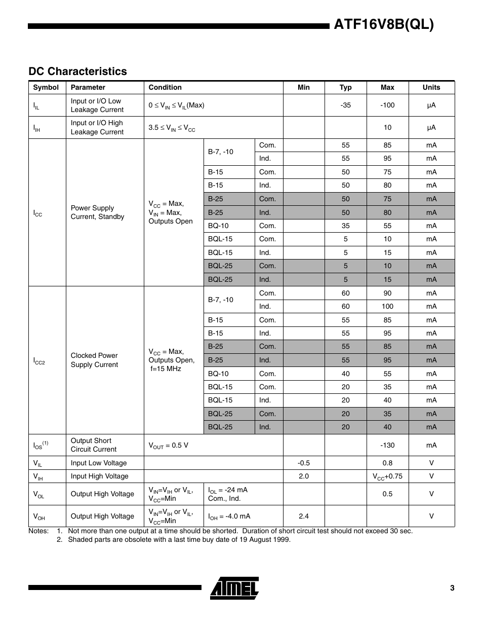 Dc characteristics, Atf16v8b(ql) | Rainbow Electronics ATF16V8BQL User Manual | Page 3 / 19