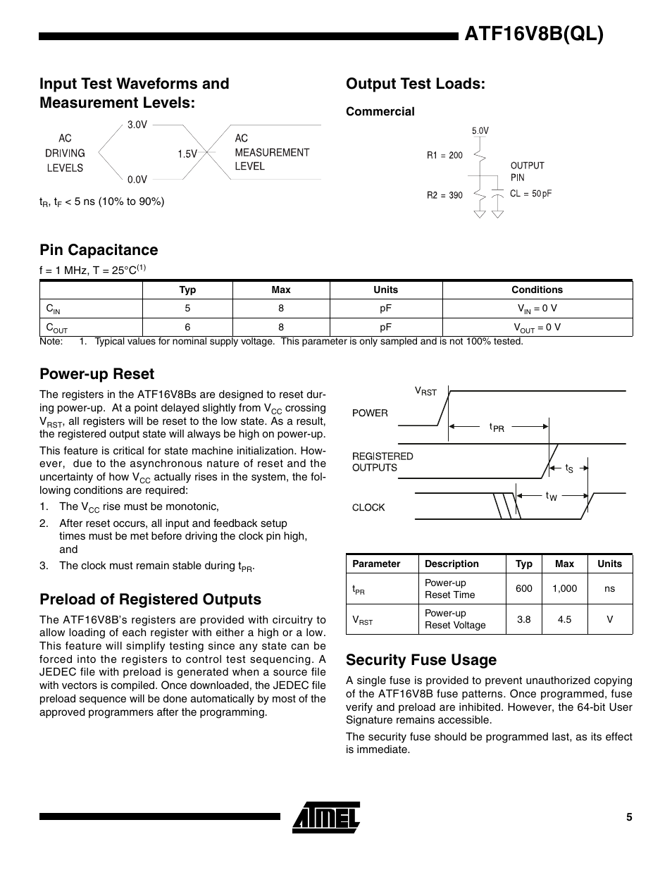 Input test waveforms and measurement levels, Output test loads, Pin capacitance | Power-up reset, Preload of registered outputs, Security fuse usage, Atf16v8b(ql) | Rainbow Electronics ATF16V8BQL User Manual | Page 5 / 19