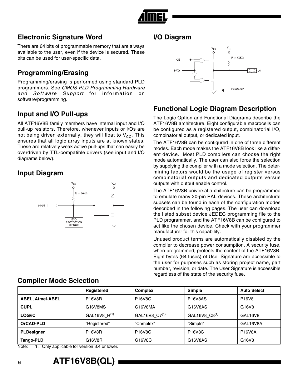Electronic signature word, Programming/erasing, Input and i/o pull-ups | Input diagram, I/o diagram, Functional logic diagram description, Compiler mode selection, Atf16v8b(ql) | Rainbow Electronics ATF16V8BQL User Manual | Page 6 / 19