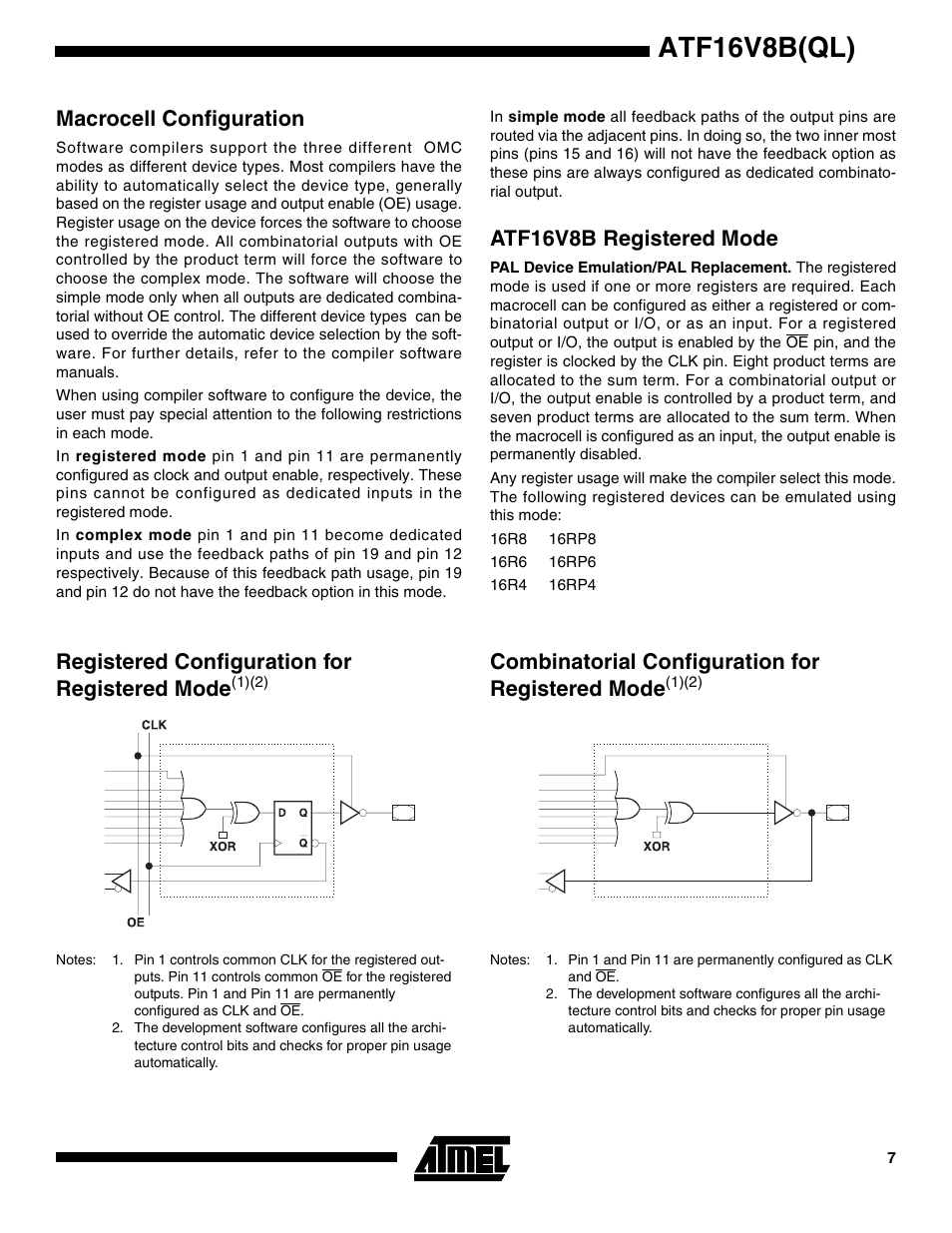 Macrocell configuration, Atf16v8b registered mode, Registered configuration for registered mode(1)(2) | Atf16v8b(ql), Registered configuration for registered mode, Combinatorial configuration for registered mode | Rainbow Electronics ATF16V8BQL User Manual | Page 7 / 19