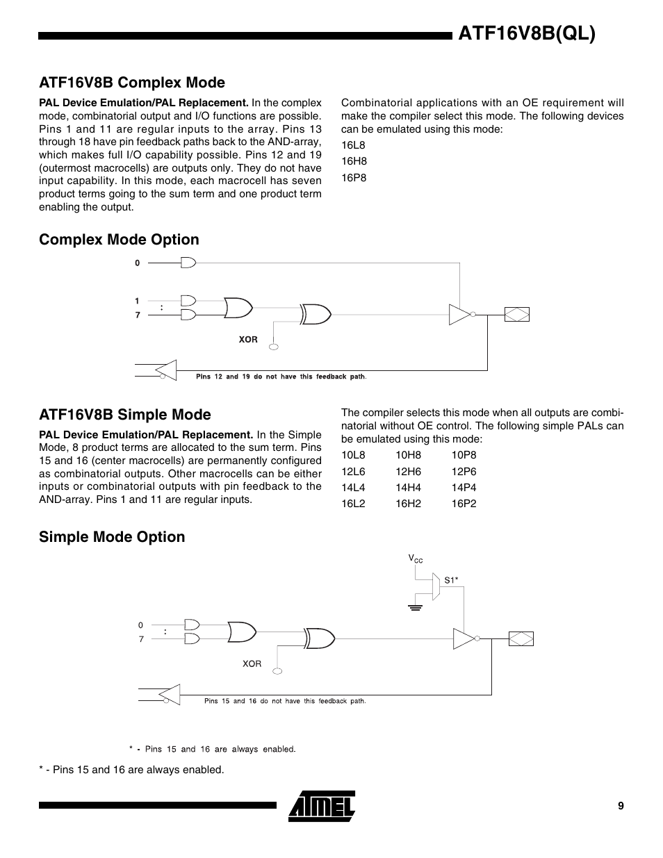 Atf16v8b complex mode, Complex mode option, Atf16v8b simple mode | Simple mode option, Atf16v8b(ql), Complex mode option atf16v8b simple mode | Rainbow Electronics ATF16V8BQL User Manual | Page 9 / 19