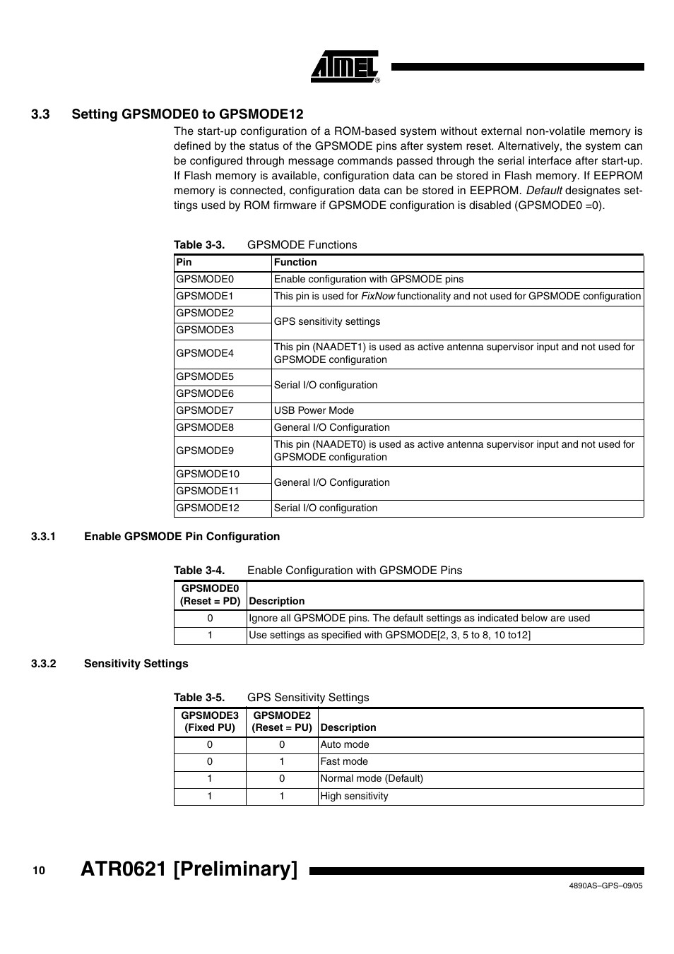 Atr0621 [preliminary, 3 setting gpsmode0 to gpsmode12 | Rainbow Electronics ATR0621 User Manual | Page 10 / 20