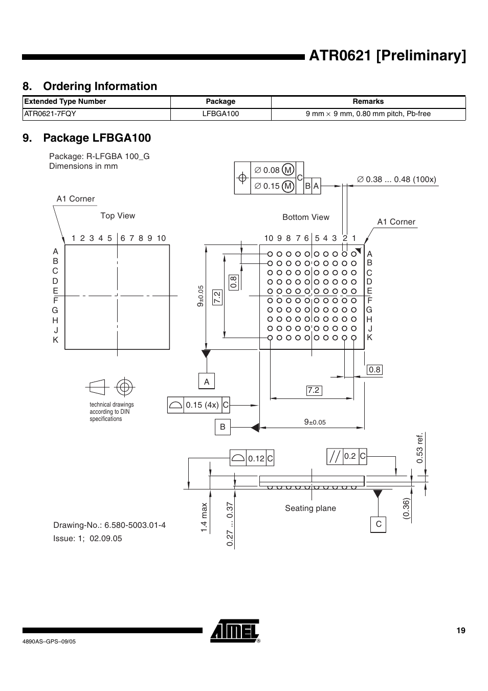 Atr0621 [preliminary, Package lfbga100 8. ordering information | Rainbow Electronics ATR0621 User Manual | Page 19 / 20