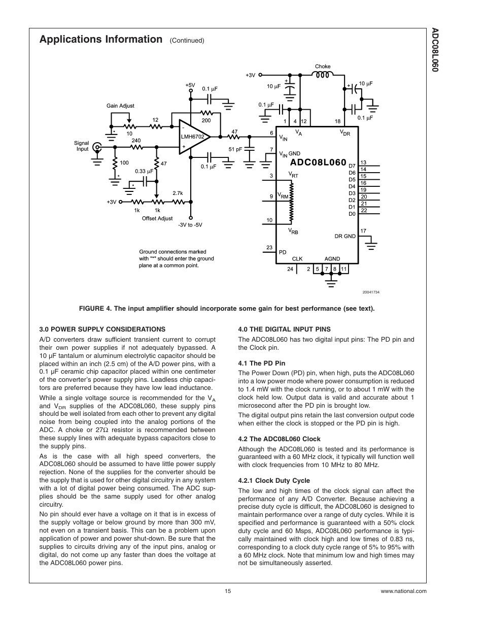 0 power supply considerations, 0 the digital input pins, 1 the pd pin | 2 the adc08l060 clock, 1 clock duty cycle, Applications information | Rainbow Electronics ADC08L060 User Manual | Page 15 / 18