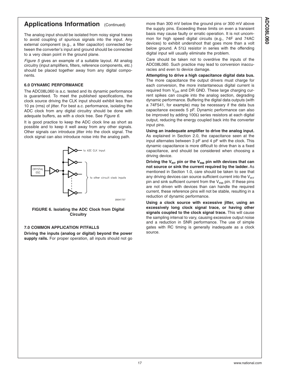 0 dynamic performance, 0 common application pitfalls, Applications information | Rainbow Electronics ADC08L060 User Manual | Page 17 / 18