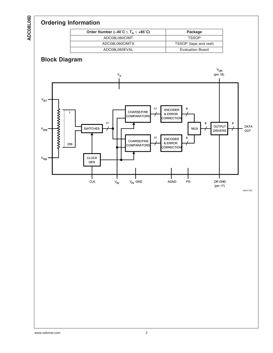 Ordering information, Block diagram | Rainbow Electronics ADC08L060 User Manual | Page 2 / 18