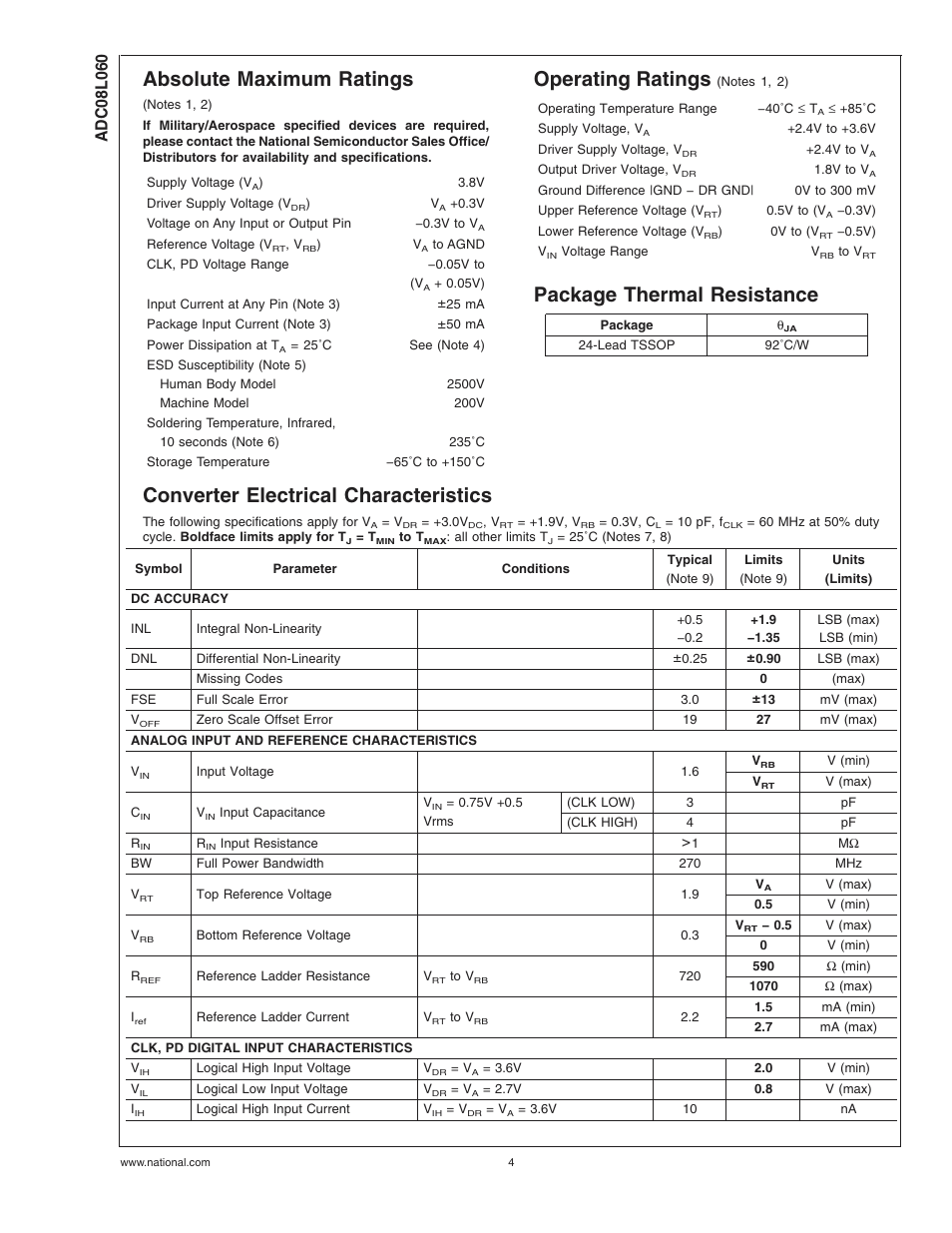 Absolute maximum ratings, Operating ratings (notes , ), Package thermal resistance | Converter electrical characteristics, Operating ratings | Rainbow Electronics ADC08L060 User Manual | Page 4 / 18