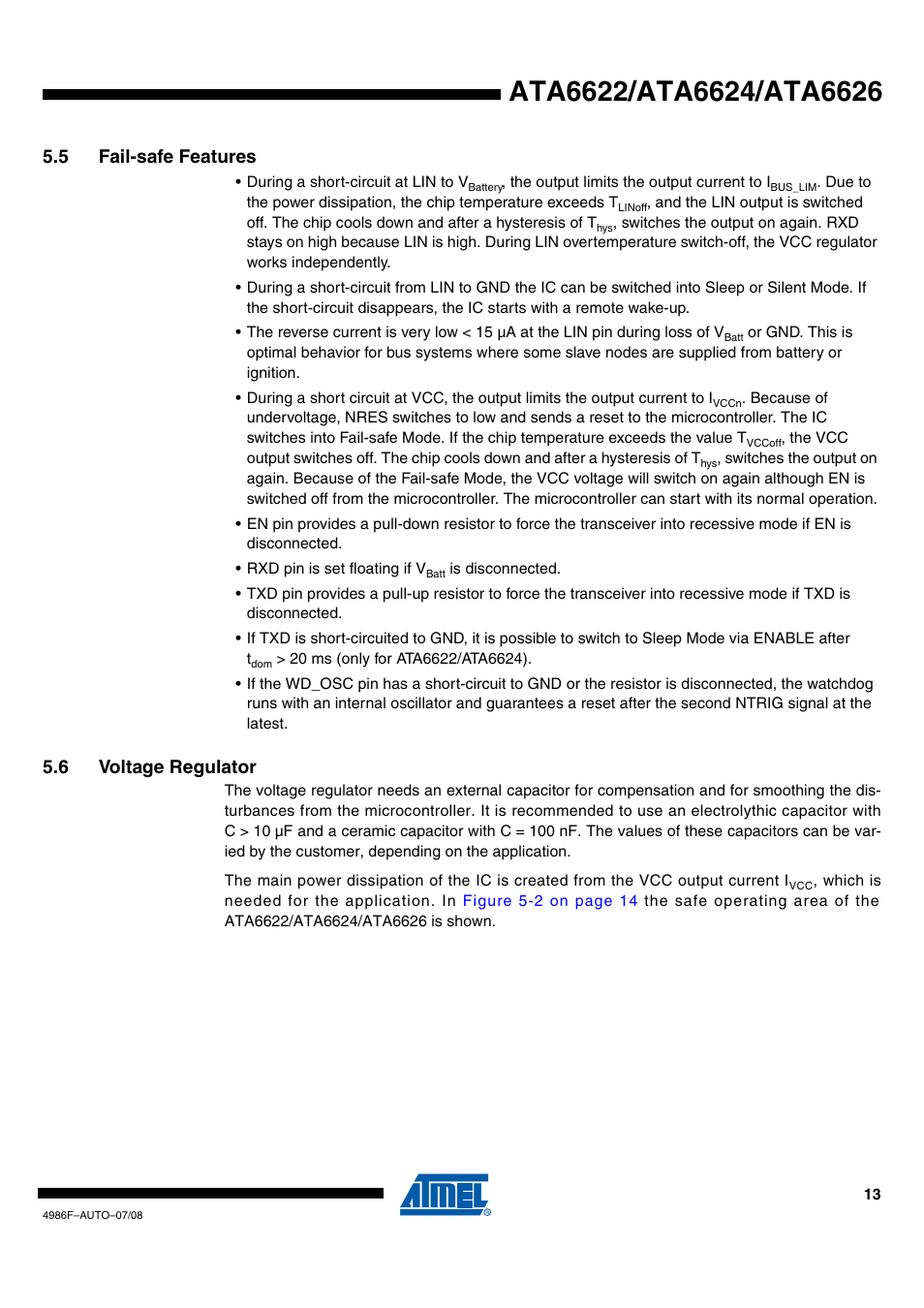 5 fail-safe features, 6 voltage regulator | Rainbow Electronics ATA6624 User Manual | Page 13 / 29