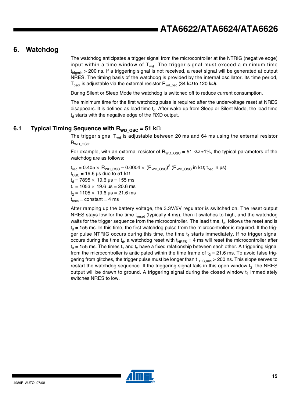 Watchdog, 1 typical timing sequence with rwd_osc = 51 kw, 1 typical timing sequence with r | 51 k ω | Rainbow Electronics ATA6624 User Manual | Page 15 / 29