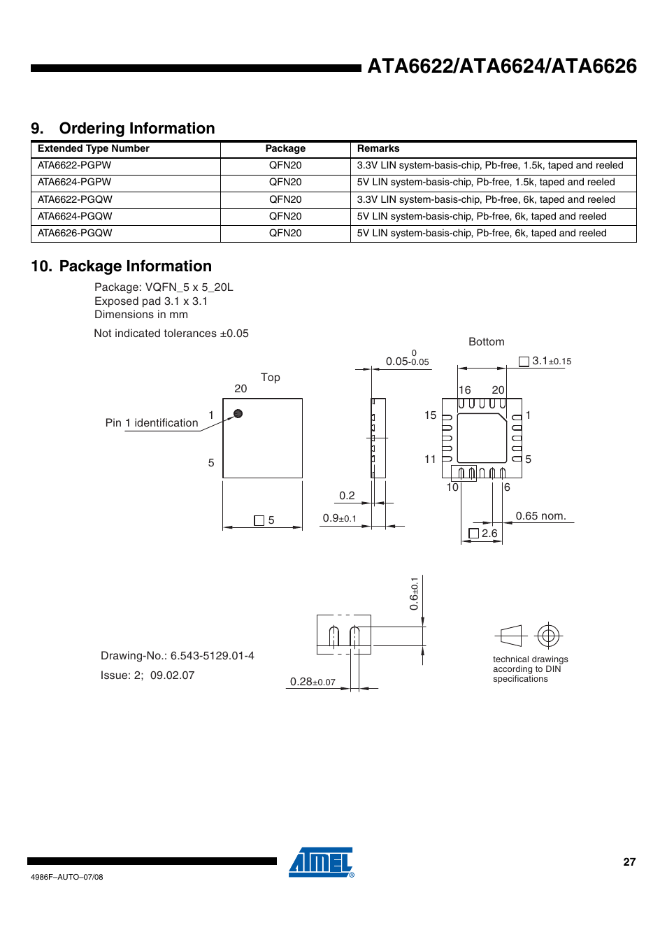 Ordering information, Package information, Package information 9. ordering information | Rainbow Electronics ATA6624 User Manual | Page 27 / 29