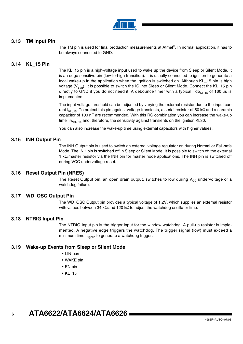 13 tm input pin, 14 kl_15 pin, 15 inh output pin | 16 reset output pin (nres), 17 wd_osc output pin, 18 ntrig input pin, 19 wake-up events from sleep or silent mode | Rainbow Electronics ATA6624 User Manual | Page 6 / 29