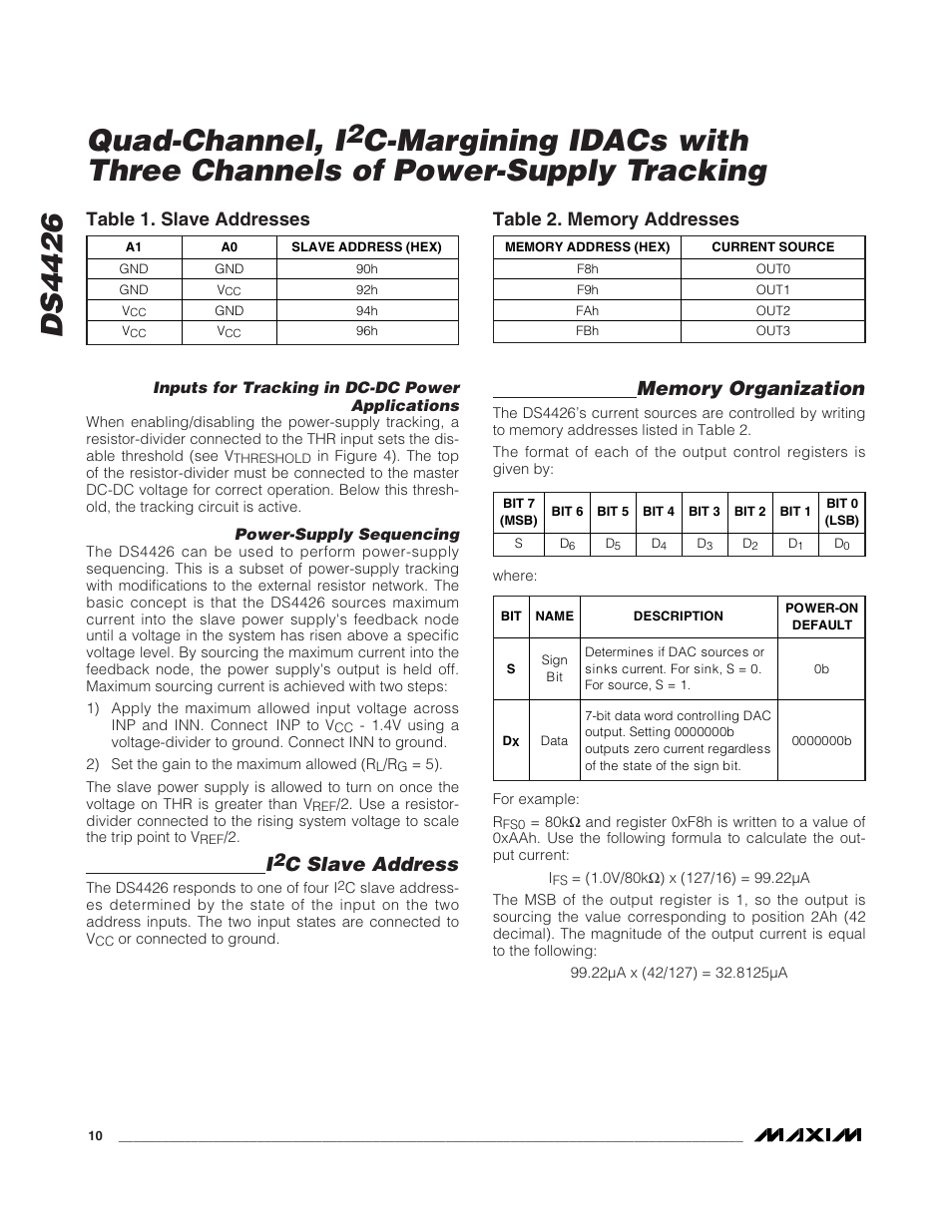 Ds4426 quad-channel, i, C slave address, Table 1. slave addresses | Rainbow Electronics DS4426 User Manual | Page 10 / 15