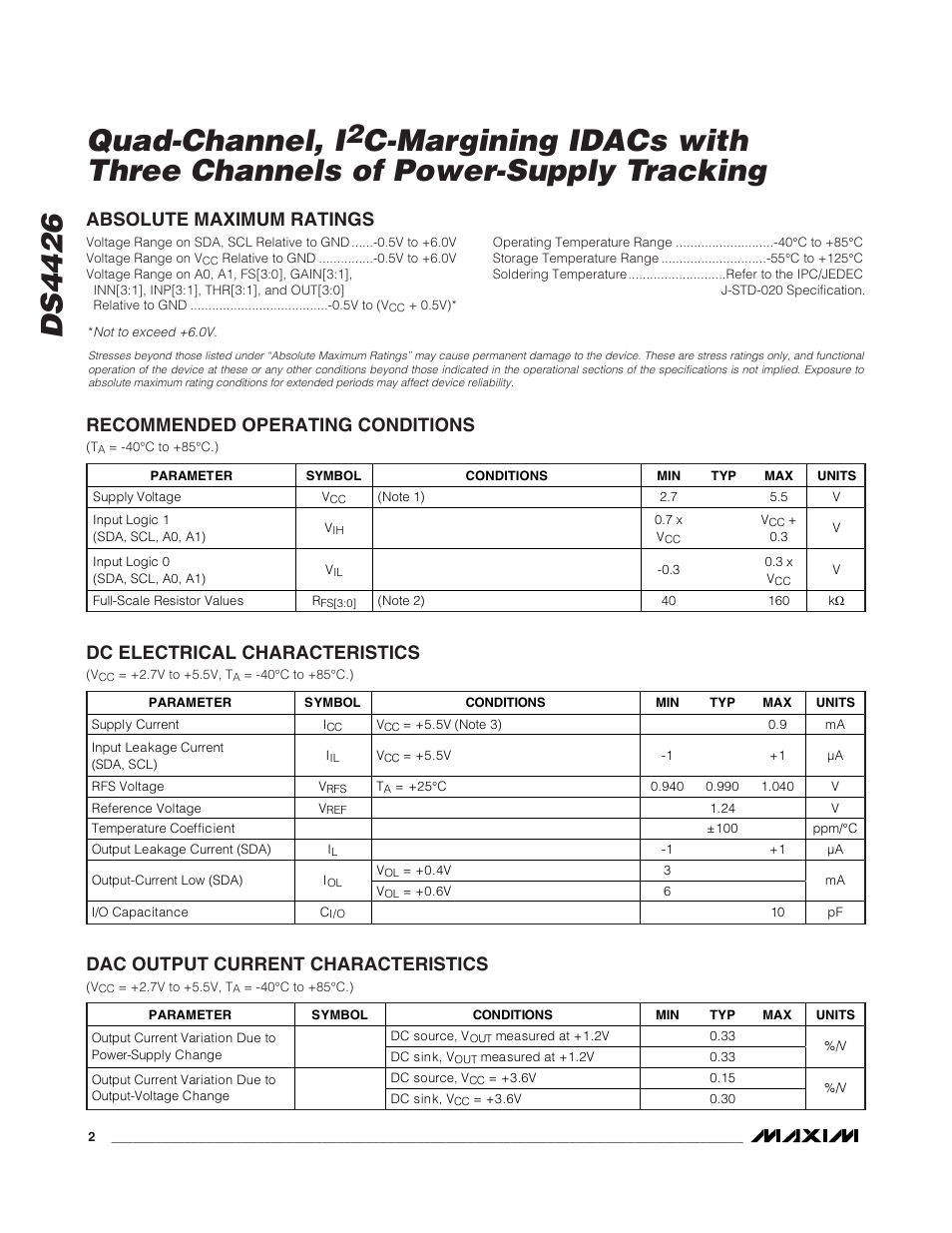 Ds4426 quad-channel, i, Dc electrical characteristics, Dac output current characteristics | Rainbow Electronics DS4426 User Manual | Page 2 / 15