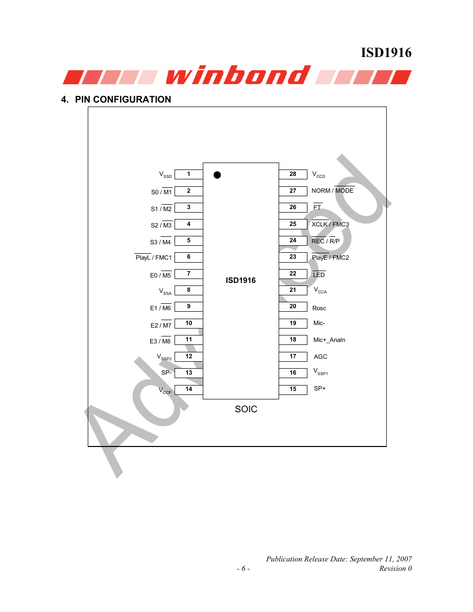 Isd1916, Pin configuration soic | Rainbow Electronics ISD1916 User Manual | Page 6 / 25