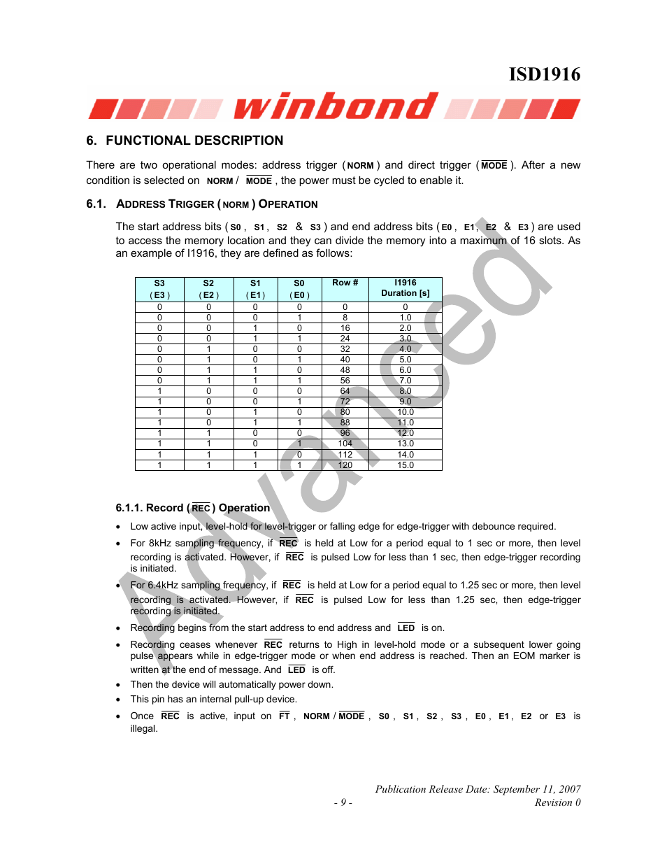 Isd1916, Functional description | Rainbow Electronics ISD1916 User Manual | Page 9 / 25